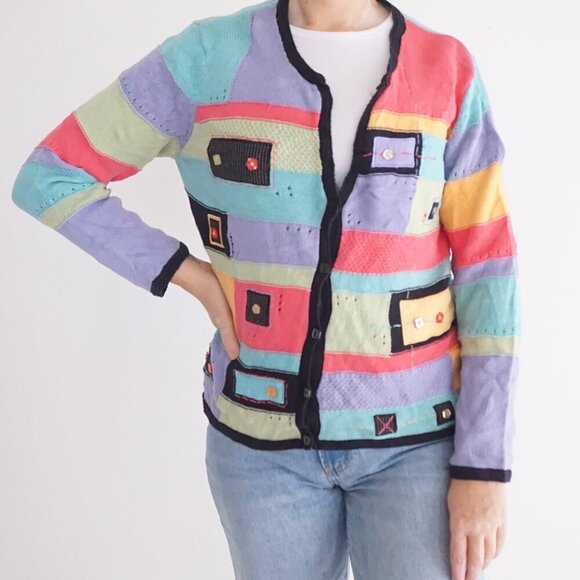 Koret Teal Pink Colorblock Cotton Blend Patchwork Button Up Cardigan Sweater M - Picture 1 of 12